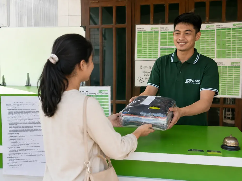 Penyerahan laundry kepada customer Rwesik Laundry
